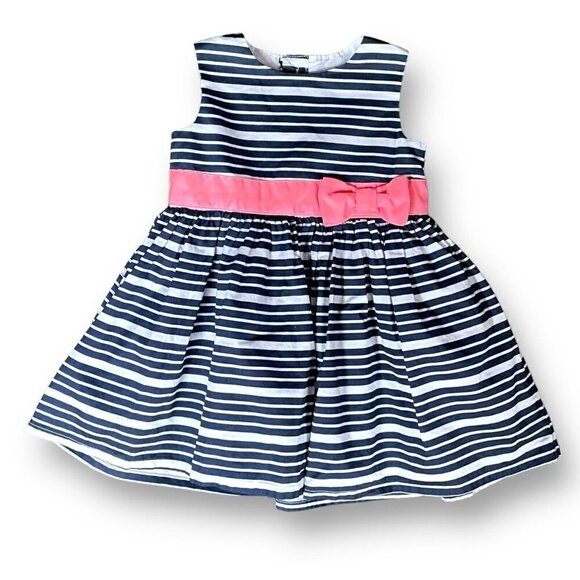 Just One You Carters Bay Girls Dress Sz 6M 6 Months Blue White Stripe Pink Bow - Picture 1 of 5